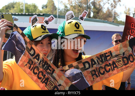 Melbourne, Australien. 16 Mär, 2019. 16 März 2019, Melbourne Grand Prix Circuit, Melbourne, Australien; Melbourne Formel 1 Grand Prix, der Qualifikation; Fans von Renault Sport F1-Team, Daniel Ricciardo Credit: Aktion Plus Sport Bilder/Alamy leben Nachrichten Stockfoto