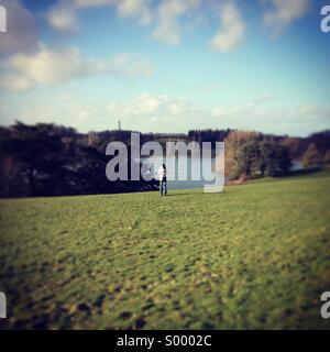 Blenheim Palace, Darlehen auf grasbewachsenen Bank, Oxfordshire, Großbritannien stehende person Stockfoto