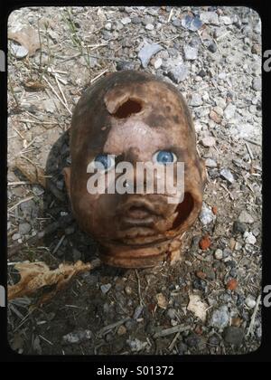 Zerbrochene Puppe Kopf in einem Feld gefunden. Stockfoto