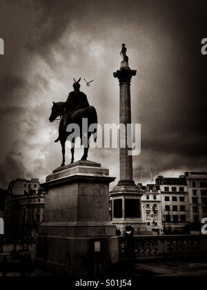 Möwen landen auf dem Kopf der Statue von König George IV in Trafalgar Square mit der Nelson Säule in den Hintergrund. Stockfoto