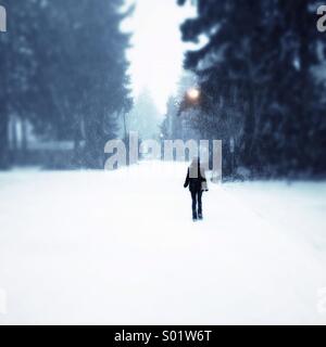 Mädchen im Schneesturm zu Fuß Stockfoto