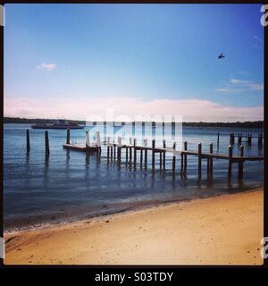 Morgen an der Uferpromenade in Greenport NY Stockfoto