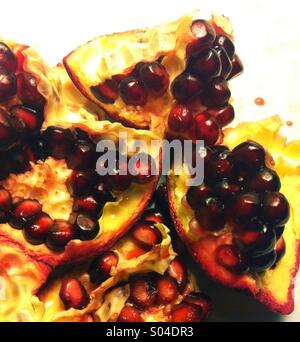 Eine offene Granatapfel-Frucht zeigt seine roten Samen. Stockfoto