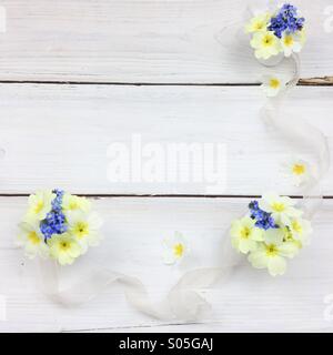 Feder Fee Blumensträuße von Primeln und Vergissmeinnicht auf weißen Holzbrett Stockfoto