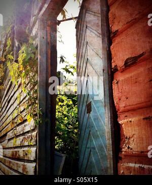 Alte Tür offen für einen Garten Stockfoto