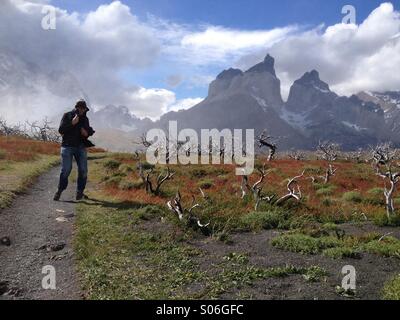 Wanderer im Nationalpark Torres del Paine bei sehr starkem Wind, Chile, Südamerika Stockfoto