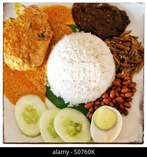 Malaysische Nasi Lemak Kokosreis mit Curry Huhn, Ei, gebratene Sardellen, Gurken, Erdnüssen und sambal Stockfoto