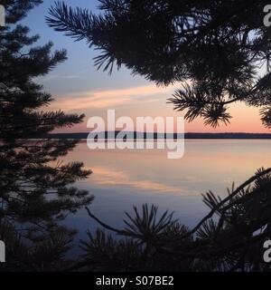 Mitternachtssonne in einem Wald bei einem nordischen Arktis See im Norden Finnlands im Sommer Stockfoto