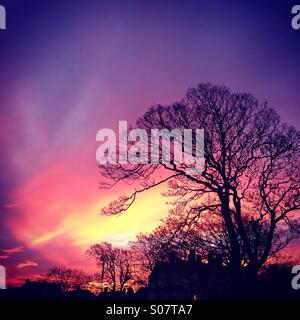 Einen goldenen und roten Himmel über Wirral, England bei Sonnenuntergang an einem Wintertag Stockfoto