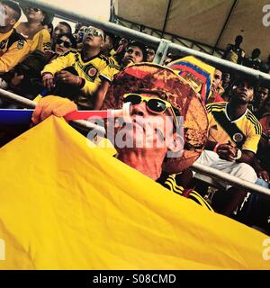 Ein kolumbianischer Mann spielt eine Vuvuzela während der Fussball-Spiel zwischen Kolumbien und Japan bei der FIFA WM 2014, in einem Park in Cali, Kolumbien, 24. Juni 2014. Stockfoto