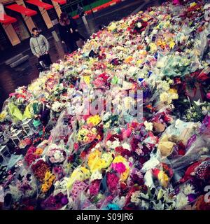 Blumen in Gedenken an die Opfer des Absturzes bin LKW gelegt, am 22. Dezember 2014, in Glasgow, Schottland Stockfoto