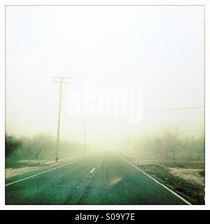 Nebliger Landstraße. San Joaquin Valley, Kalifornien, USA Stockfoto