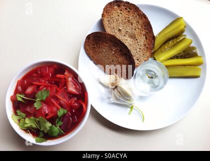 Tradition russischen Abendessen - Borschtsch, Pickles, Roggenbrot und Wodka Stockfoto