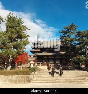 Blick auf die Chumon oder innere Tor mit fünfstöckige Pagode am Horyu-Ji oder lernen Tempel des blühenden Gesetzes, ein buddhistischer Tempel im 607 n. Chr. in Ikaruga, Präfektur Nara, Japan. Stockfoto