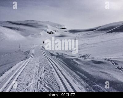 Eine einsame nordische Skifahrer finden ihren Weg durch ein Tal in Hardangervidda, Norwegen. Stockfoto