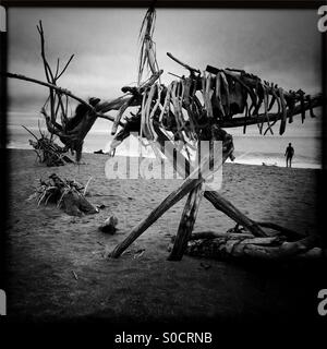 Küstenlinie Treibholz Skulptur auf Hokitika Beach, Neuseeland. Stockfoto