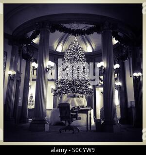 Ein Weihnachtsbaum im Eingangsbereich McHenry Museum. Modesto, Kalifornien, USA Stockfoto