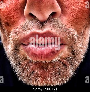 Erwachsener Mann mit Bart weht Kuss Stockfoto