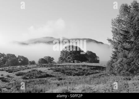 Am frühen Morgen zu Fuß im Matterdale Valley Lake District England. Niedrige Wolken sitzt in der Talsohle. Stockfoto