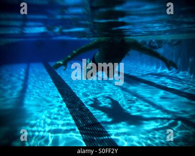 Schwimmer-Silhouette und Schatten unten am Boden des Swimming pools, Reflexionen, Wellen, Fliesen Fahrspurmarker gesucht. 25 Meter Outdoor-olympisches Schwimmbad. Stockfoto