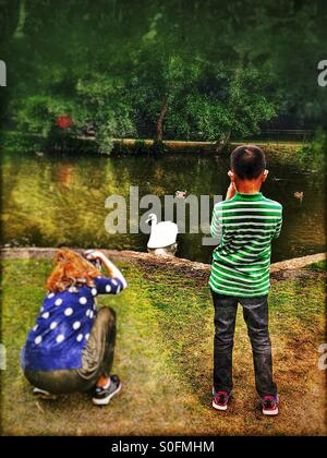 Junge betrachten Schwan und Lady Fotografieren in Chiswick House Gardens, London Borough of Hounslow West London, England, Großbritannien, Europa Stockfoto