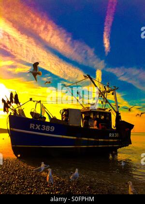 Hastings Fischerboot Landung fangen in der Morgendämmerung an einem Sommermorgen, East Sussex, England, UK. Stockfoto