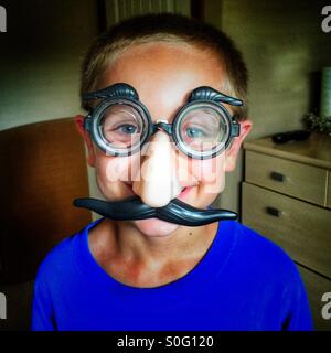 Kleiner Junge mit einer lustigen Maske mit Brille, Nase und einen Schnurrbart Stockfoto