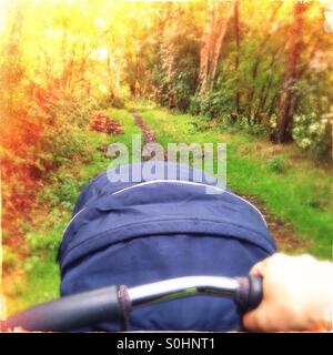 Mann schob einen Kinderwagen auf einem Waldweg mit Dichter Vegetation, helles Licht im Hintergrund Stockfoto