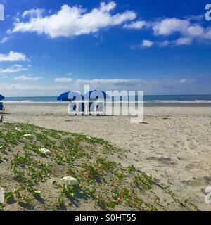 Blaue Liegestühle und Sonnenschirme sitzen an einem leeren Strand an einem schönen Sommertag. Stockfoto