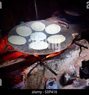 Handgemachte Mais Tortillas in das Feuer in der Maya-Stadt der Mirador, Petén, Guatemala Stockfoto