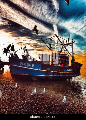 Möwen und Fischerboot am Ufer, Hastings Fischer Strand, Sussex, UK Stockfoto