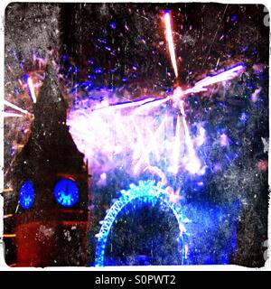 2016 Feuerwerk Silvester vom London Eye, Big Ben, Central London, England, Vereinigtes Königreich, Europa zeigen Stockfoto