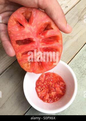 Heirloom Tomaten zu fermentieren und trocknen und wieder in der nächsten Vegetationsperiode zu Pflanzen entfernen Samen Stockfoto