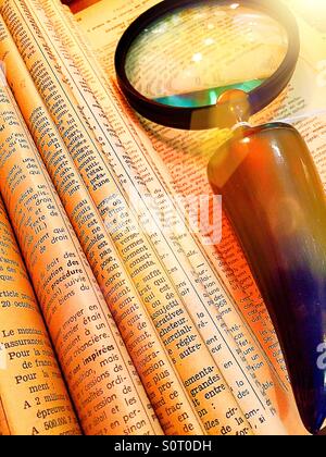 Ein offenes Buch mit einer Lupe auf den Seiten. Stockfoto