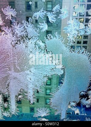 Eiskristalle auf der Innenseite Fensterscheibe in New York City in einem Schneesturm Stockfoto