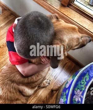 Kleiner Junge umarmt seinen Hund Stockfoto