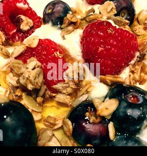 Nahaufnahme von Himbeeren, Heidelbeeren, Müsli, Joghurt und Honig. Stockfoto