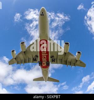 Emirates A380, Birmingham Flughafen Stockfoto