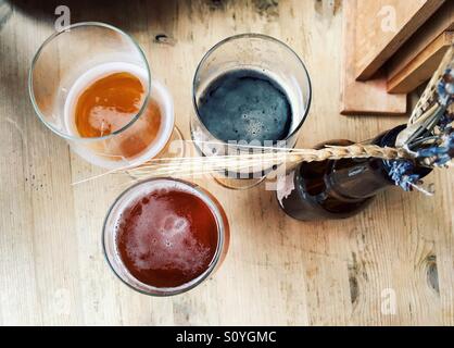 Blick von oben auf 3 verschiedene Arten von Handwerk Bier auf einem Holztisch mit dekorativen getrockneten Weizen und Blumen auf der rechten Seite Stockfoto