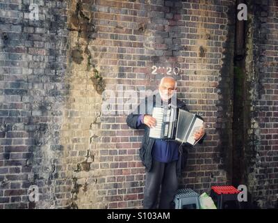 Roma Zigeunermusiker mit Akkordeon zu spielen. London, Vereinigtes Königreich 2016 Stockfoto