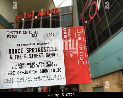 Bruce Springsteen Tickets für das Konzert in der Ricoh Arena Coventry 3. Juni 2016 Stockfoto