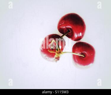High angle view of three red fresh cherries on white background Stockfoto