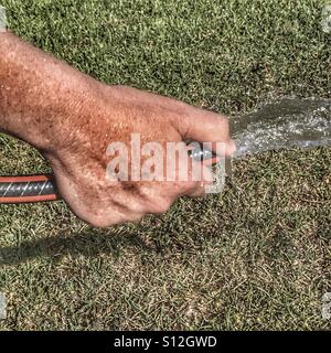 Besprühen mit Wasser aus dem Gartenschlauch-Rohr. Stockfoto