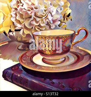 Digitale Malerei von. Ausgefallene Teetasse auf eine Untertasse, auf ein Buch und vor einem Blumen-arrangement Stockfoto