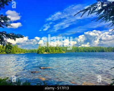 Insel im Lake View von schattigen Wald Stockfoto