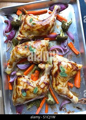 Hähnchen essen im Backblech Stockfoto