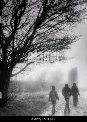 Drei Menschen, die zu Fuß in den Regen und Nebel auf die Taube Turm Torheit in Rivington, Lancashire Stockfoto