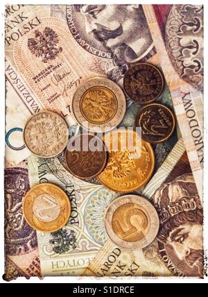 Polnische Zloty, Banknoten und Münzen Stockfoto