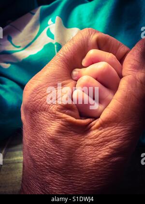 Hand in Hand. Zwei Generationen auseinander halten Hände. Die Zukunft in meiner Hand. Opa und Enkel Stockfoto