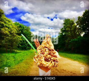 Schlagsahne Soft Vanille Eis in einem Kegel mit Schokolade Flocke & Nüsse in Hampstead Heath, London (oft bezeichnet als Flake 99 oder Herr Whippy) Stockfoto